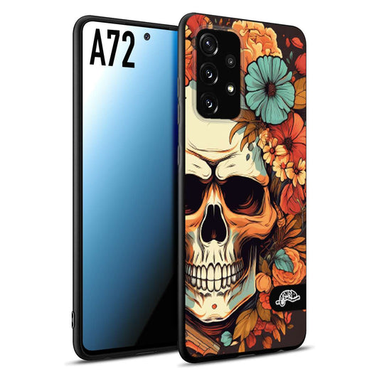 CUSTOMIZZA - Custodia cover nera morbida in tpu compatibile per Samsung A72 teschio skull flowers fiori autunnali arancio celeste tattoo