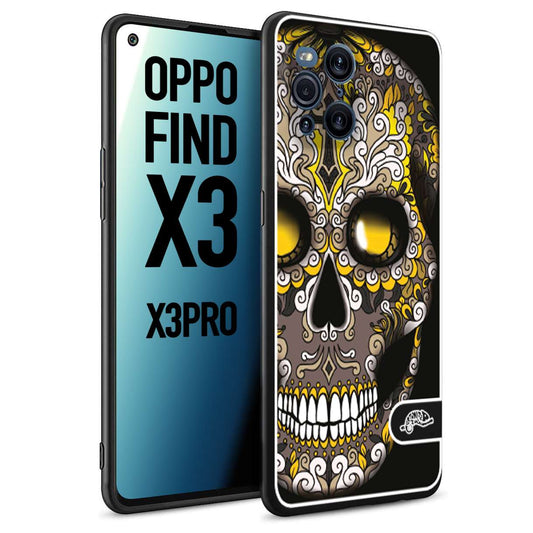 CUSTOMIZZA - Custodia cover nera morbida in tpu compatibile per Oppo Find X3 - Find X3 Pro 5G teschio messicano Mexican skull nero giallo