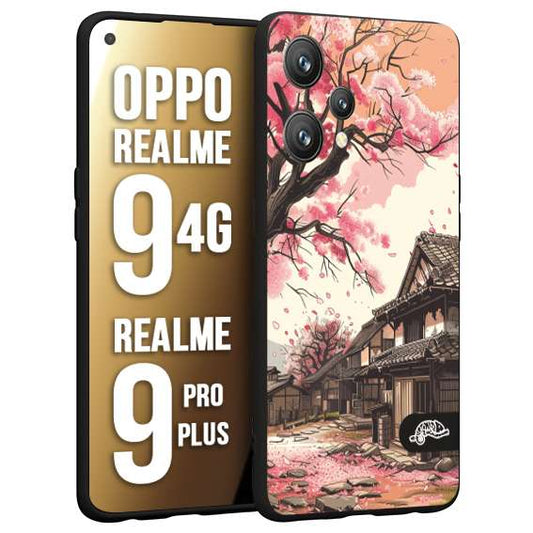 CUSTOMIZZA - Custodia cover nera morbida in tpu compatibile per Oppo Realme 9 4G - 9 PRO PLUS casa giapponese rosa ciliegio in fiore disegnata tattoo