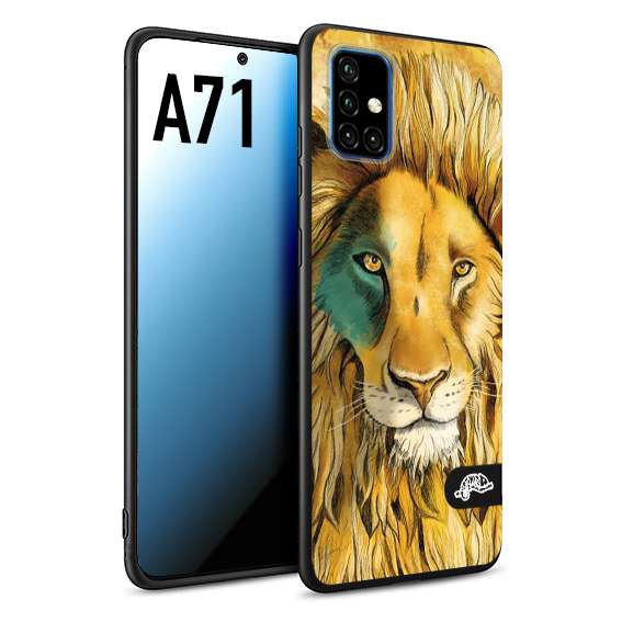 CUSTOMIZZA - Custodia cover nera morbida in tpu compatibile per Samsung A71 leone lion disegnato a mano giallo blu a rilievo artistico brown