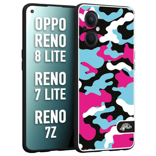 CUSTOMIZZA - Custodia cover nera morbida in tpu compatibile per Oppo Reno 7 Lite - 8 Lite - 7Z camouflage mimetico militare fucsia celeste
