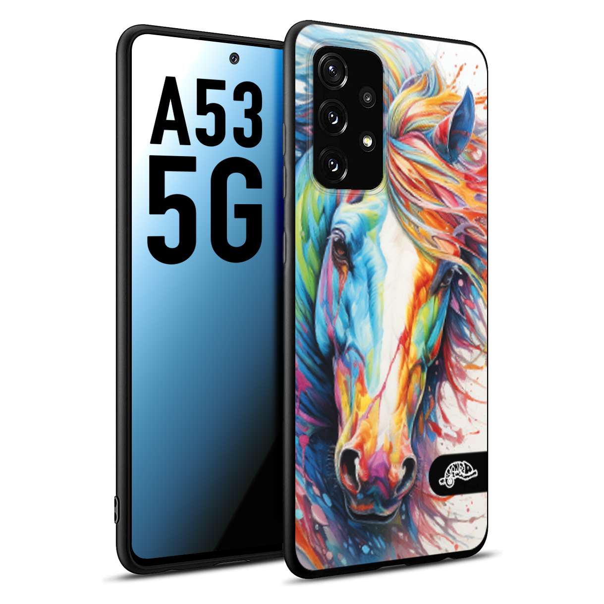 CUSTOMIZZA - Custodia cover nera morbida in tpu compatibile per Samsung A53 5G animali color cavallo horse viso colori vibranti disegnato schizzo