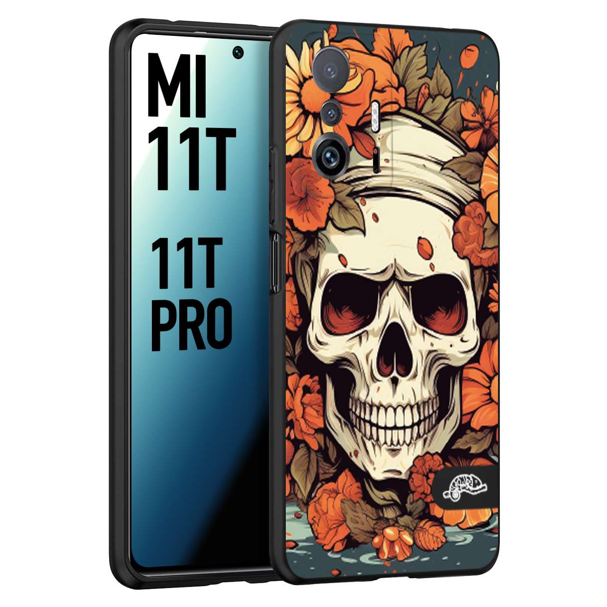 CUSTOMIZZA - Custodia cover nera morbida in tpu compatibile per Xiaomi Mi 11T - Mi 11T PRO teschio skull flowers fiori tattoo disegnato alta definizione