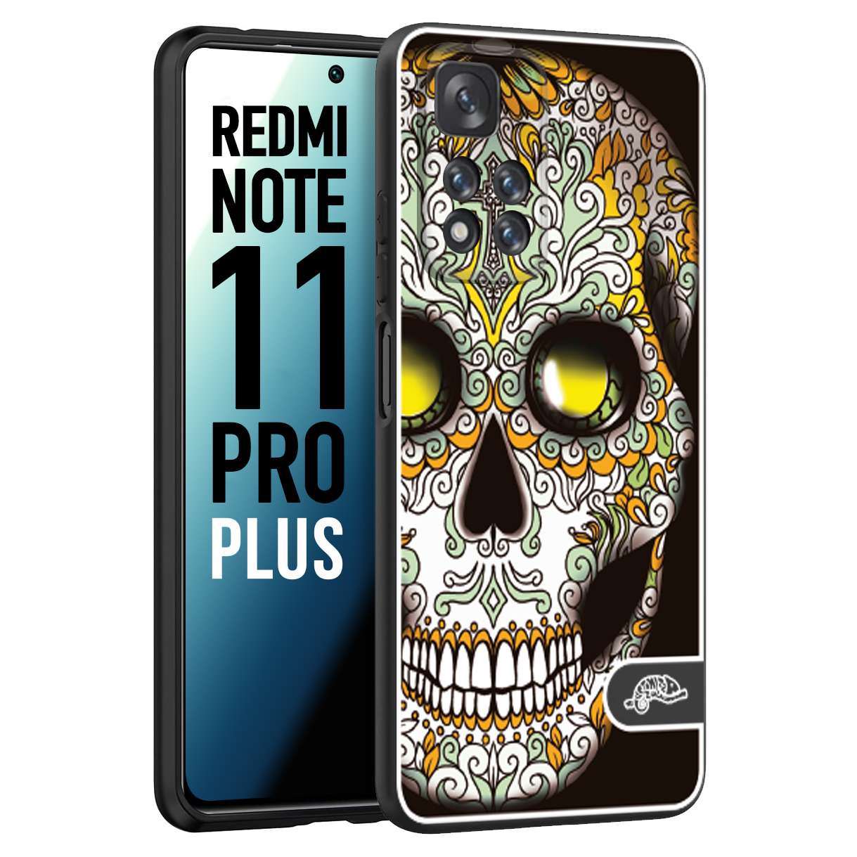 CUSTOMIZZA - Custodia cover nera morbida in tpu compatibile per Xiaomi Redmi Note 11 PRO PLUS teschio messicano Mexican skull bianco verde giallo