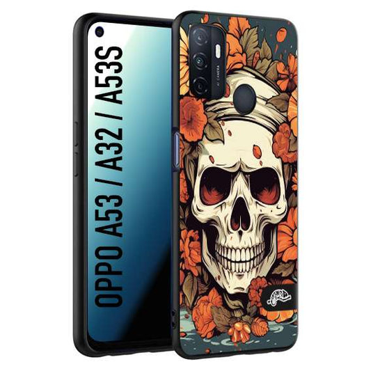 CUSTOMIZZA - Custodia cover nera morbida in tpu compatibile per Oppo A53 - A32 - A53S teschio skull flowers fiori tattoo disegnato alta definizione