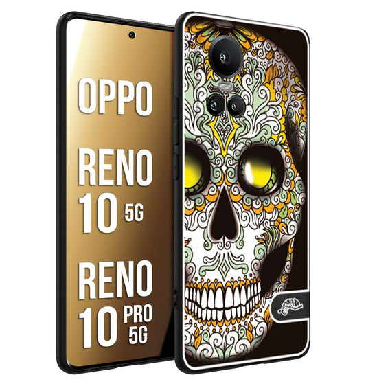 CUSTOMIZZA - Custodia cover nera morbida in tpu compatibile per Oppo Reno 10 5G - 10 PRO 5G teschio messicano Mexican skull bianco verde giallo