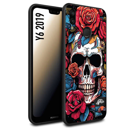 CUSTOMIZZA - Custodia cover nera morbida in tpu compatibile per Huawei Y6 2019 teschio skull flowers fiori rose rosse tattoo disegnato