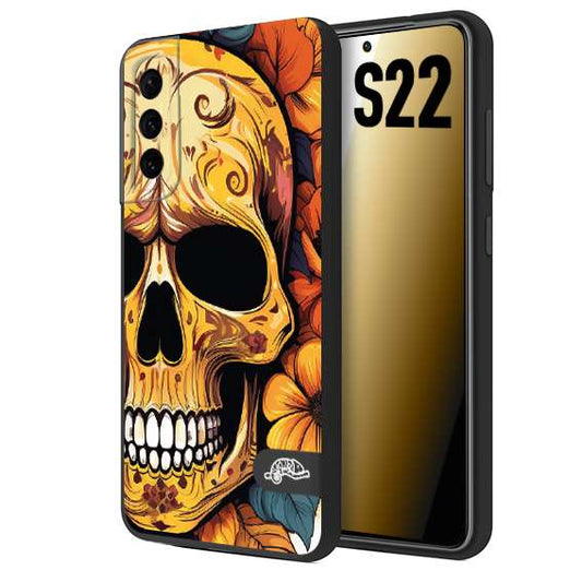 CUSTOMIZZA - Custodia cover nera morbida in tpu compatibile per Samsung S22 teschio messicano colorato dorato fiori autunnali disegnato