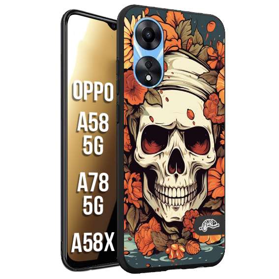 CUSTOMIZZA - Custodia cover nera morbida in tpu compatibile per Oppo A58 5G - A78 5G - A58X teschio skull flowers fiori tattoo disegnato alta definizione