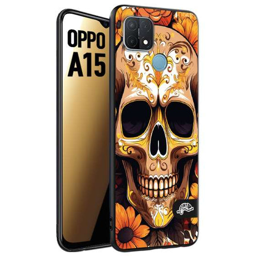 CUSTOMIZZA - Custodia cover nera morbida in tpu compatibile per Oppo A15 teschio messicano colorato dorato fiori tattoo disegnato