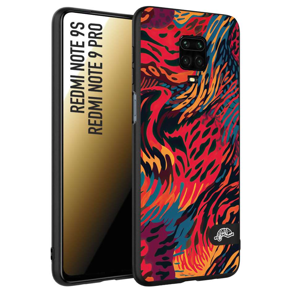 CUSTOMIZZA - Custodia cover nera morbida in tpu compatibile per Xiaomi Redmi Note 9S - Note 9 PRO leopardato maculato tigrato colorata fiamme rossa blu arancione