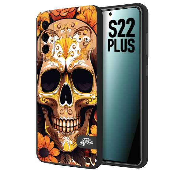 CUSTOMIZZA - Custodia cover nera morbida in tpu compatibile per Samsung S22 PLUS teschio messicano colorato dorato fiori tattoo disegnato