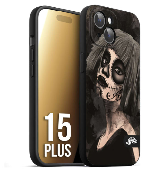 CUSTOMIZZA - Custodia cover nera morbida in tpu compatibile per iPhone 15 PLUS chicana messicana dea de la muerte donna santa tattoo disegnata