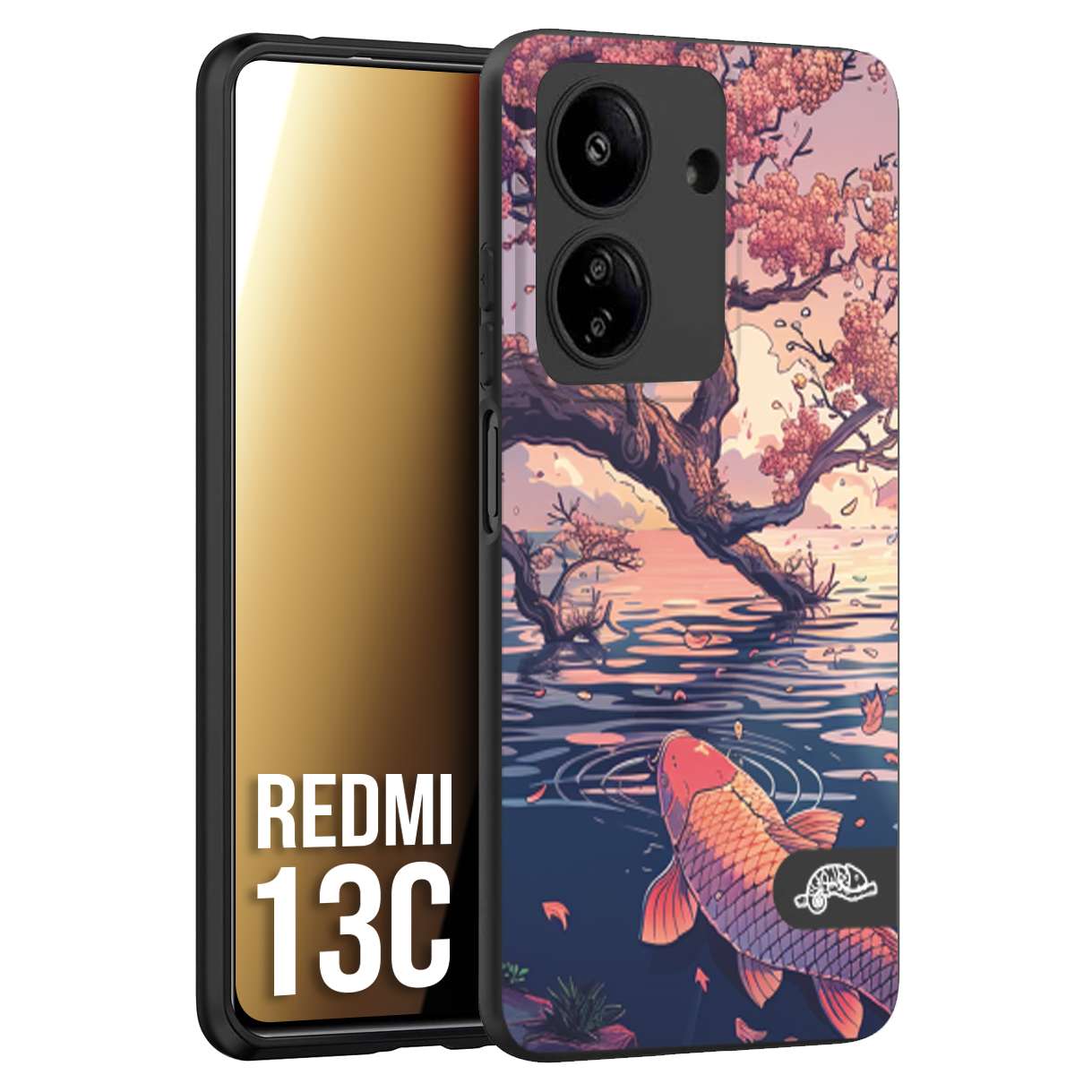 CUSTOMIZZA - Custodia cover nera morbida in tpu compatibile per Xiaomi Redmi 13C giapponese lago carpa koi rosa con foglie d'acero disegnata tattoo