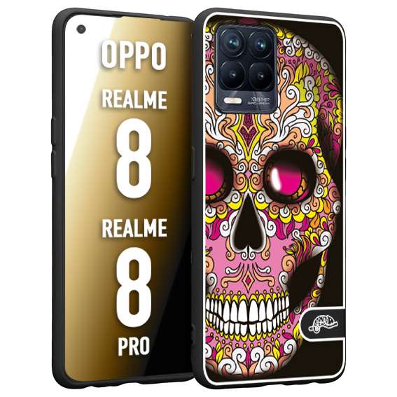 CUSTOMIZZA - Custodia cover nera morbida in tpu compatibile per Oppo Realme 8 - 8 PRO teschio messicano Mexican skull rosa gialla