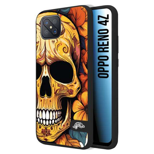 CUSTOMIZZA - Custodia cover nera morbida in tpu compatibile per Oppo Reno 4Z teschio messicano colorato dorato fiori autunnali disegnato