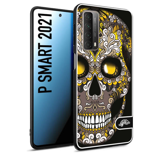 CUSTOMIZZA - Custodia cover nera morbida in tpu compatibile per Huawei P Smart 2021 teschio messicano Mexican skull nero giallo