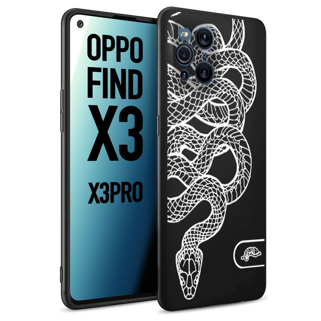 CUSTOMIZZA - Custodia cover nera morbida in tpu compatibile per Oppo Find X3 - Find X3 Pro 5G serpente snake bianco a rilievo disegnato tattoo tatuaggio