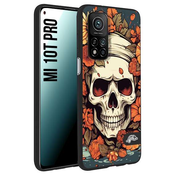 CUSTOMIZZA - Custodia cover nera morbida in tpu compatibile per Xiaomi Mi 10T PRO teschio skull flowers fiori tattoo disegnato alta definizione