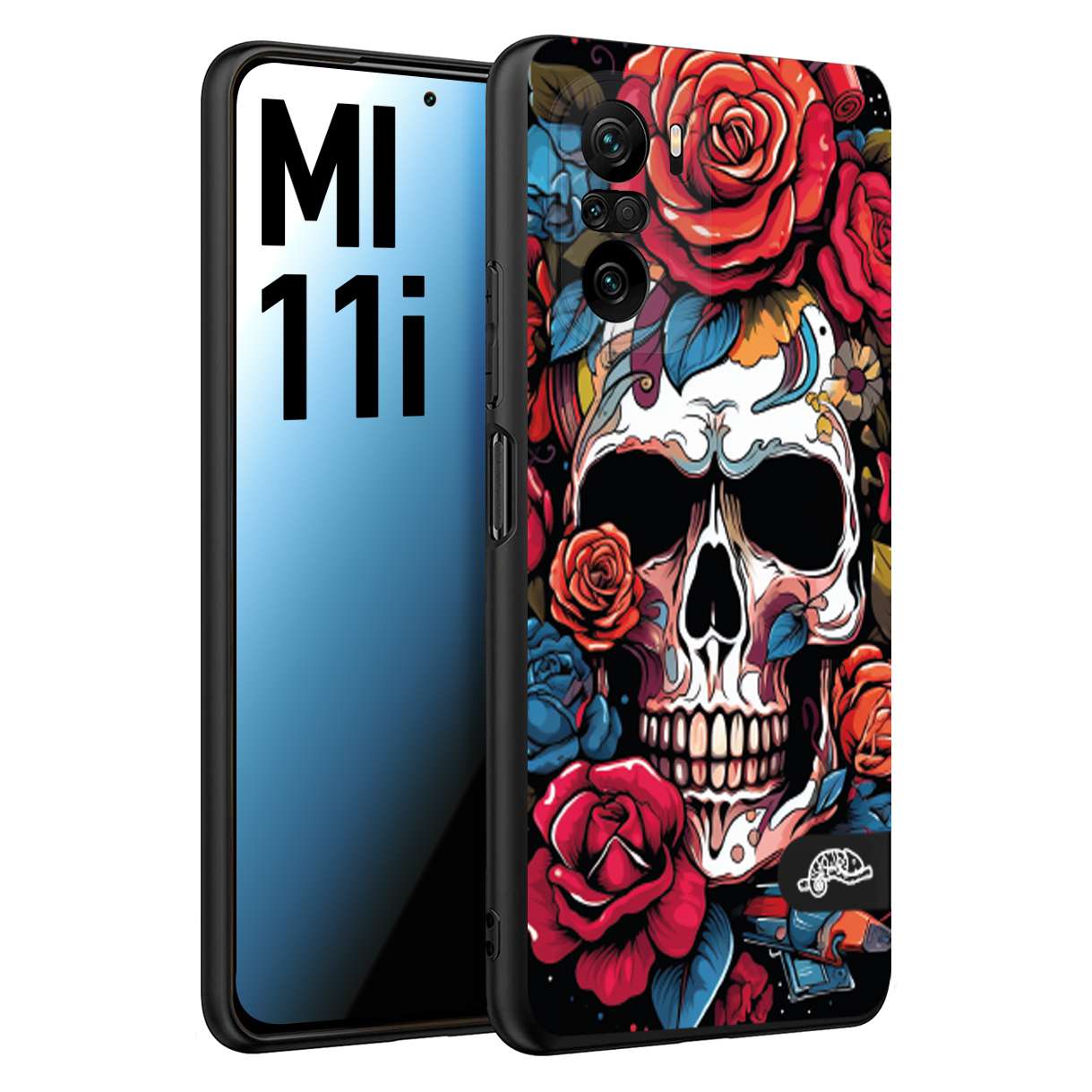 CUSTOMIZZA - Custodia cover nera morbida in tpu compatibile per Xiaomi Mi 11i teschio skull flowers fiori rose rosse tattoo disegnato