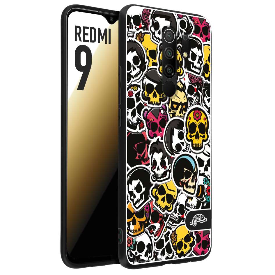 CUSTOMIZZA - Custodia cover nera morbida in tpu compatibile per Xiaomi Redmi 9 sticker bomb teschi colorati adesivi skulls skater snowboard