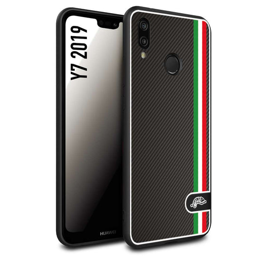 CUSTOMIZZA - Custodia cover nera morbida in tpu compatibile per Huawei Y7 2019 effetto fibra di carbonio bandiera Italia made in Italy