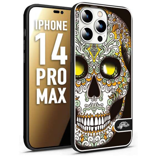 CUSTOMIZZA - Custodia cover nera morbida in tpu compatibile per iPhone 14 PRO MAX teschio messicano Mexican skull bianco verde giallo