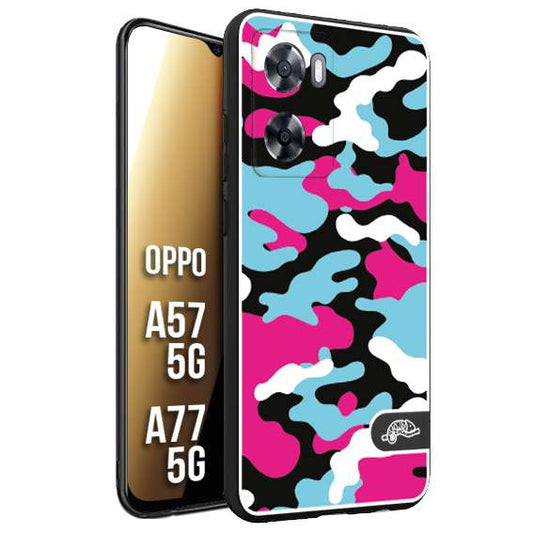 CUSTOMIZZA - Custodia cover nera morbida in tpu compatibile per Oppo A57 5G - A77 5G camouflage mimetico militare fucsia celeste