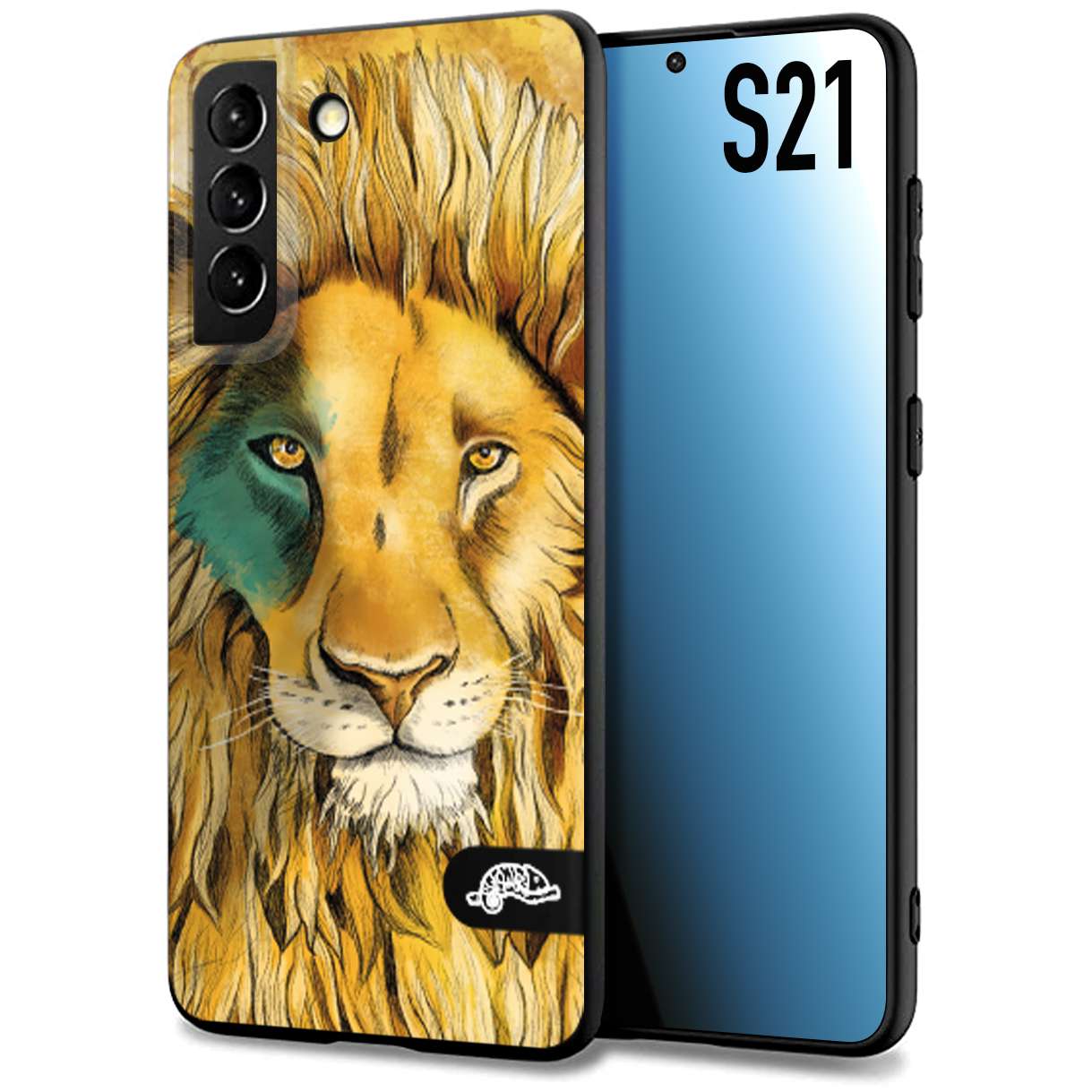 CUSTOMIZZA - Custodia cover nera morbida in tpu compatibile per Samsung S21 leone lion disegnato a mano giallo blu a rilievo artistico brown