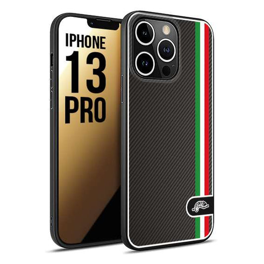 CUSTOMIZZA - Custodia cover nera morbida in tpu compatibile per iPhone 13 PRO effetto fibra di carbonio bandiera Italia made in Italy