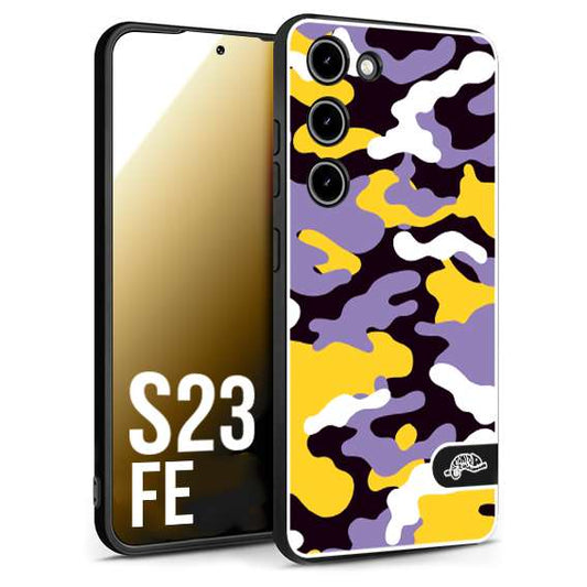 CUSTOMIZZA - Custodia cover nera morbida in tpu compatibile per Samsung S23 FE camouflage mimetico militare viola lilla giallo