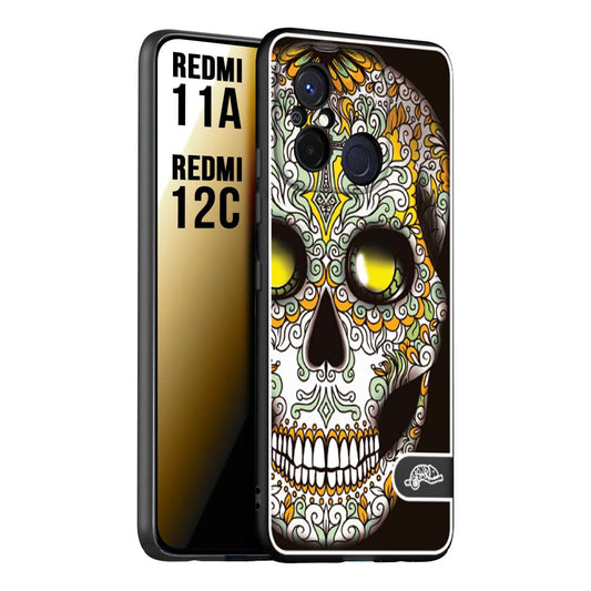 CUSTOMIZZA - Custodia cover nera morbida in tpu compatibile per Xiaomi Redmi 11A - 12C teschio messicano Mexican skull bianco verde giallo