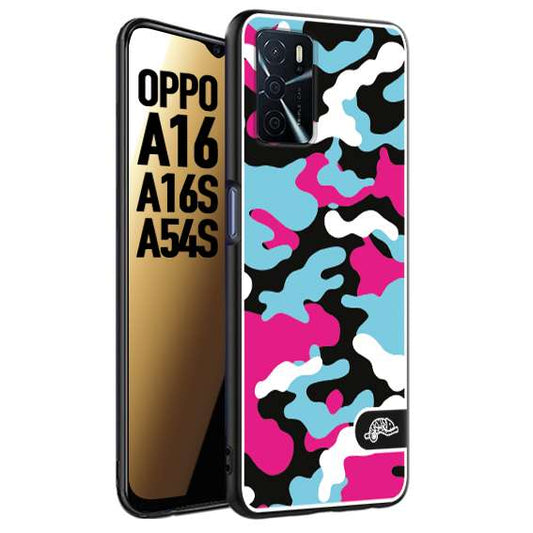 CUSTOMIZZA - Custodia cover nera morbida in tpu compatibile per Oppo A16 - A16S - A54S camouflage mimetico militare fucsia celeste