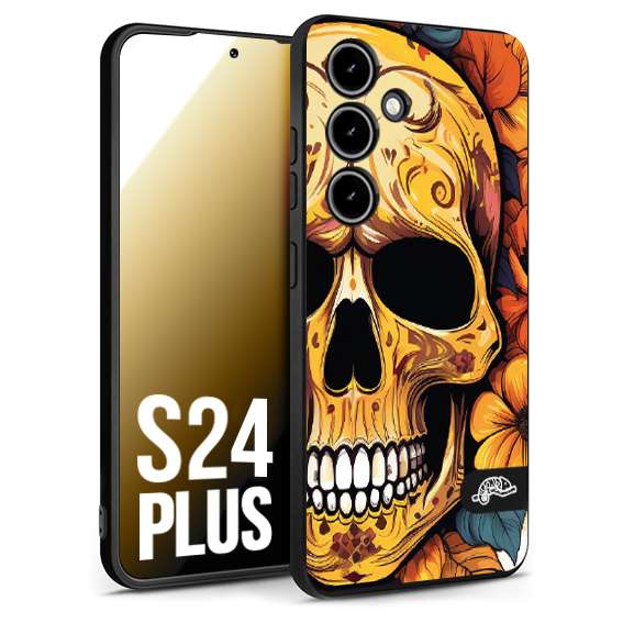 CUSTOMIZZA - Custodia cover nera morbida in tpu compatibile per Samsung S24 PLUS teschio messicano colorato dorato fiori autunnali disegnato