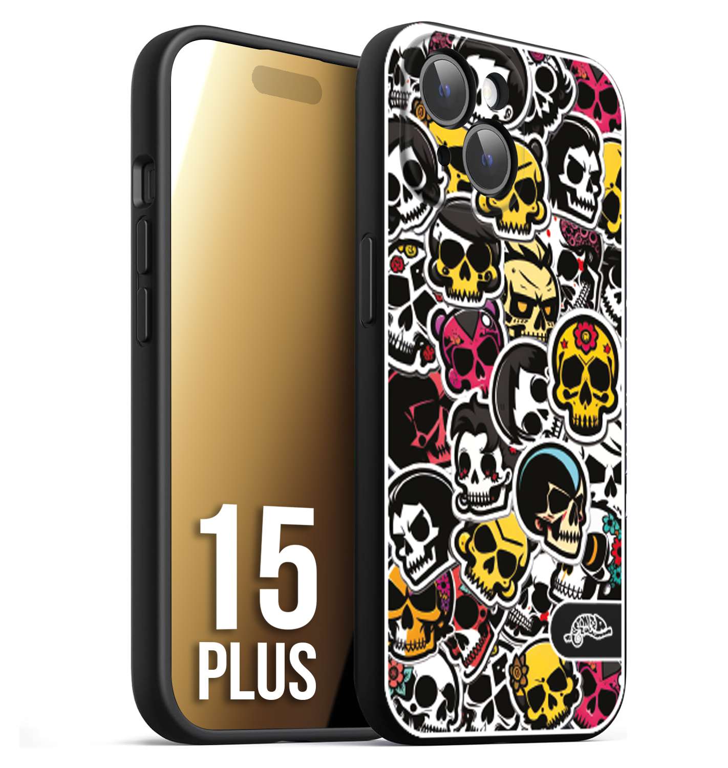 CUSTOMIZZA - Custodia cover nera morbida in tpu compatibile per iPhone 15 PLUS sticker bomb teschi colorati adesivi skulls skater snowboard