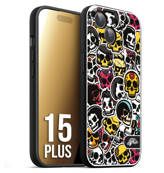 CUSTOMIZZA - Custodia cover nera morbida in tpu compatibile per iPhone 15 PLUS sticker bomb teschi colorati adesivi skulls skater snowboard