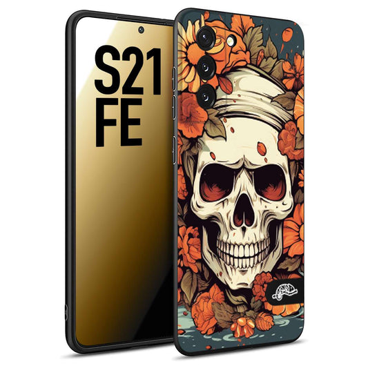 CUSTOMIZZA - Custodia cover nera morbida in tpu compatibile per Samsung S21 FE teschio skull flowers fiori tattoo disegnato alta definizione