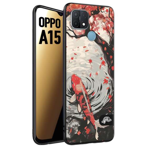 CUSTOMIZZA - Custodia cover nera morbida in tpu compatibile per Oppo A15 giapponese lago carpa koi rossa con foglie d'acero rosso disegnata tattoo