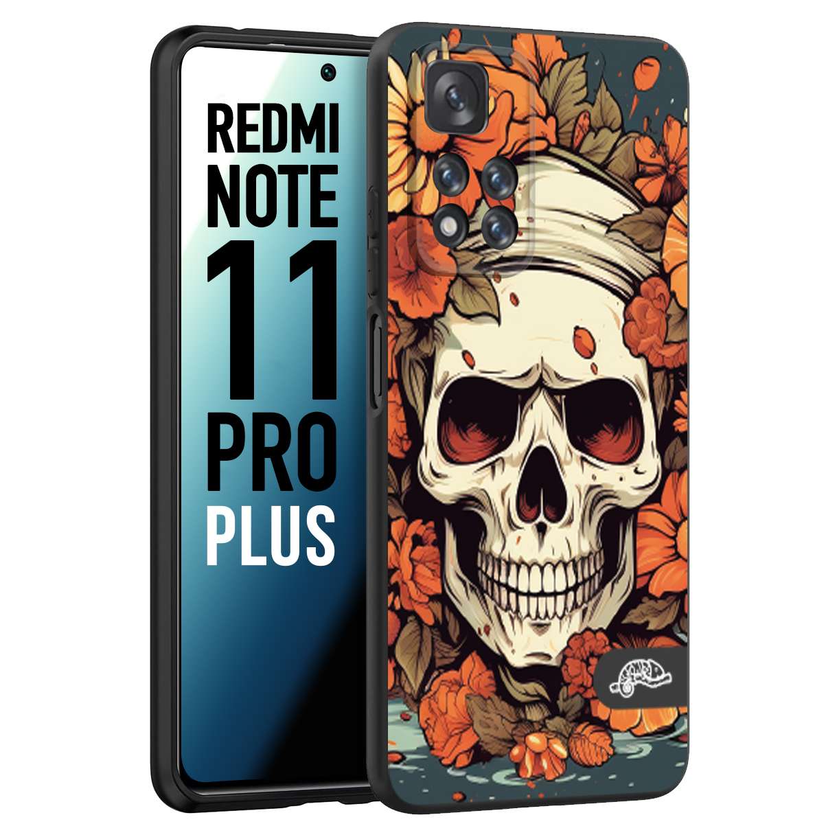 CUSTOMIZZA - Custodia cover nera morbida in tpu compatibile per Xiaomi Redmi Note 11 PRO PLUS teschio skull flowers fiori tattoo disegnato alta definizione