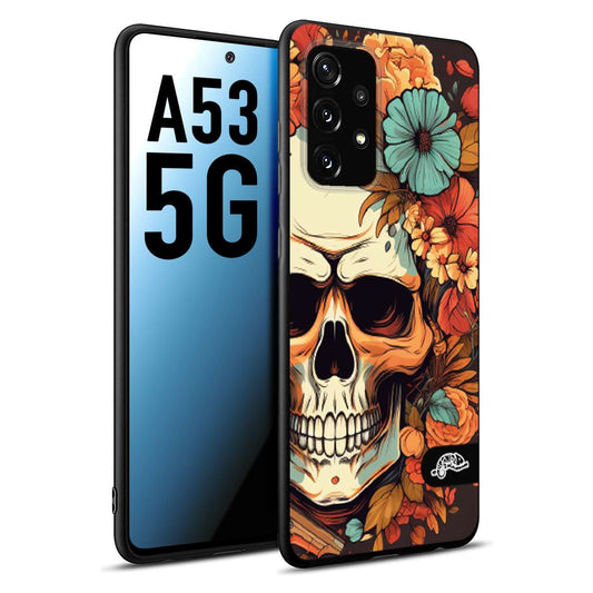 CUSTOMIZZA - Custodia cover nera morbida in tpu compatibile per Samsung A53 5G teschio skull flowers fiori autunnali arancio celeste tattoo