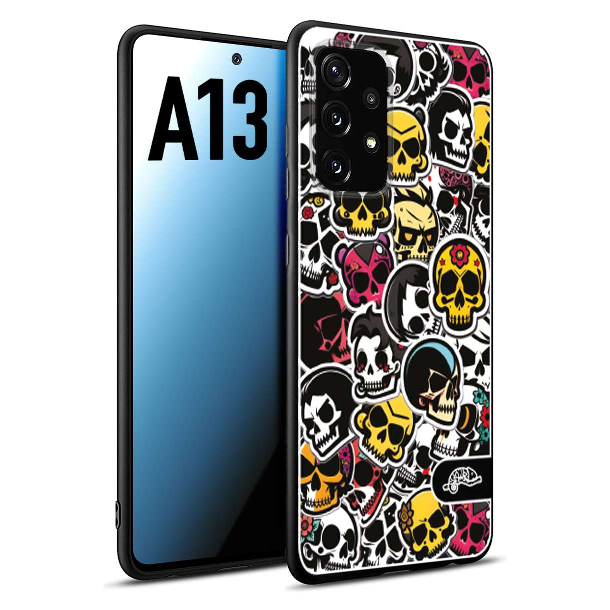 CUSTOMIZZA - Custodia cover nera morbida in tpu compatibile per Samsung A13 sticker bomb teschi colorati adesivi skulls skater snowboard