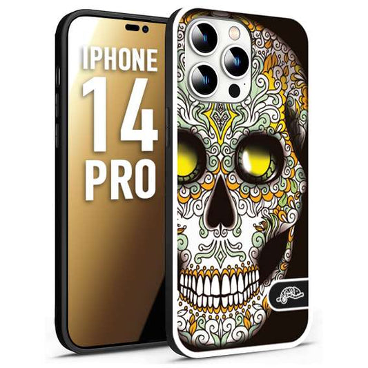 CUSTOMIZZA - Custodia cover nera morbida in tpu compatibile per iPhone 14 PRO teschio messicano Mexican skull bianco verde giallo