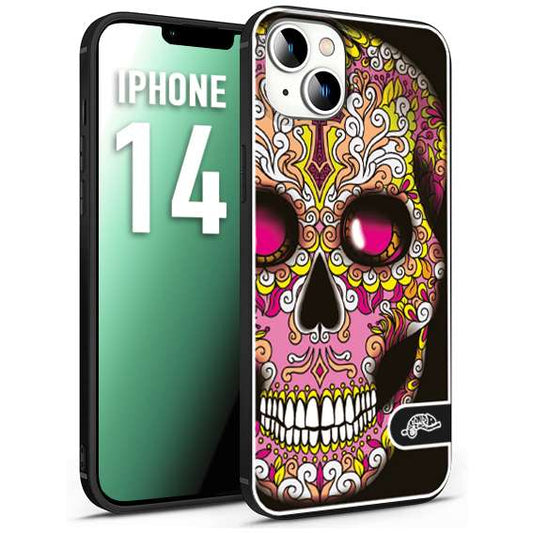 CUSTOMIZZA - Custodia cover nera morbida in tpu compatibile per iPhone 14 teschio messicano Mexican skull rosa gialla