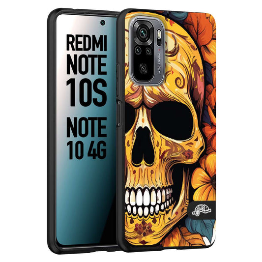 CUSTOMIZZA - Custodia cover nera morbida in tpu compatibile per Xiaomi Redmi Note 10S teschio messicano colorato dorato fiori autunnali disegnato