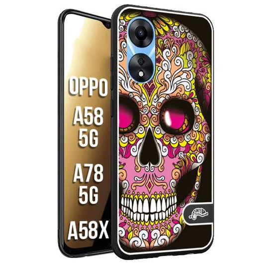 CUSTOMIZZA - Custodia cover nera morbida in tpu compatibile per Oppo A58 5G - A78 5G - A58X teschio messicano Mexican skull rosa gialla