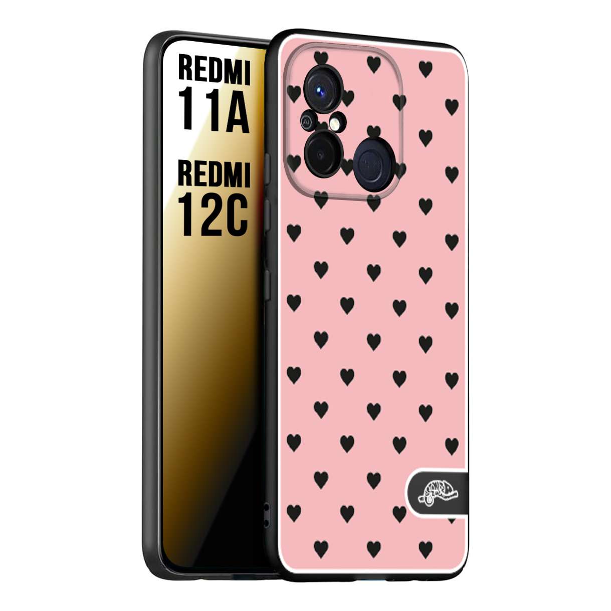 CUSTOMIZZA - Custodia cover nera morbida in tpu compatibile per Xiaomi Redmi 11A - 12C cuori pois rosa donna pin up vintage