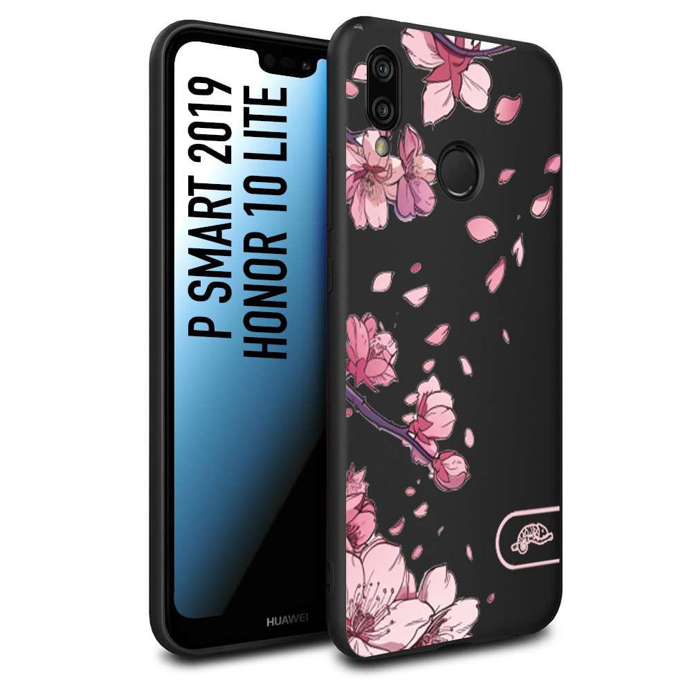 CUSTOMIZZA - Custodia cover nera morbida in tpu compatibile per Huawei P Smart 2019 giapponese fiori di ciliegio in fiore a rilievo disegnata tattoo