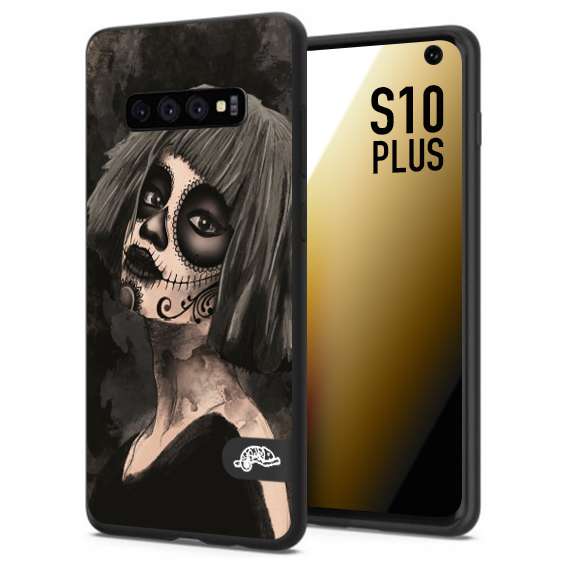 CUSTOMIZZA - Custodia cover nera morbida in tpu compatibile per Samsung S10 PLUS chicana messicana dea de la muerte donna santa tattoo disegnata