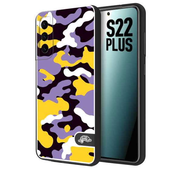 CUSTOMIZZA - Custodia cover nera morbida in tpu compatibile per Samsung S22 PLUS camouflage mimetico militare viola lilla giallo