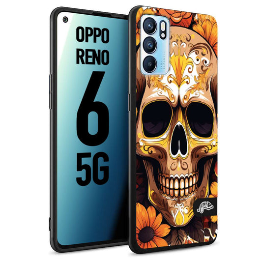 CUSTOMIZZA - Custodia cover nera morbida in tpu compatibile per Oppo Reno 6 5G teschio messicano colorato dorato fiori tattoo disegnato